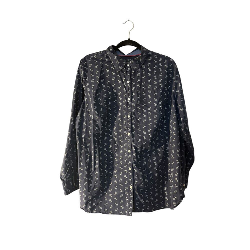 Talbots Womans 16W Blue Anchor Print Button Up Shirt Blouse Nautical Preppy